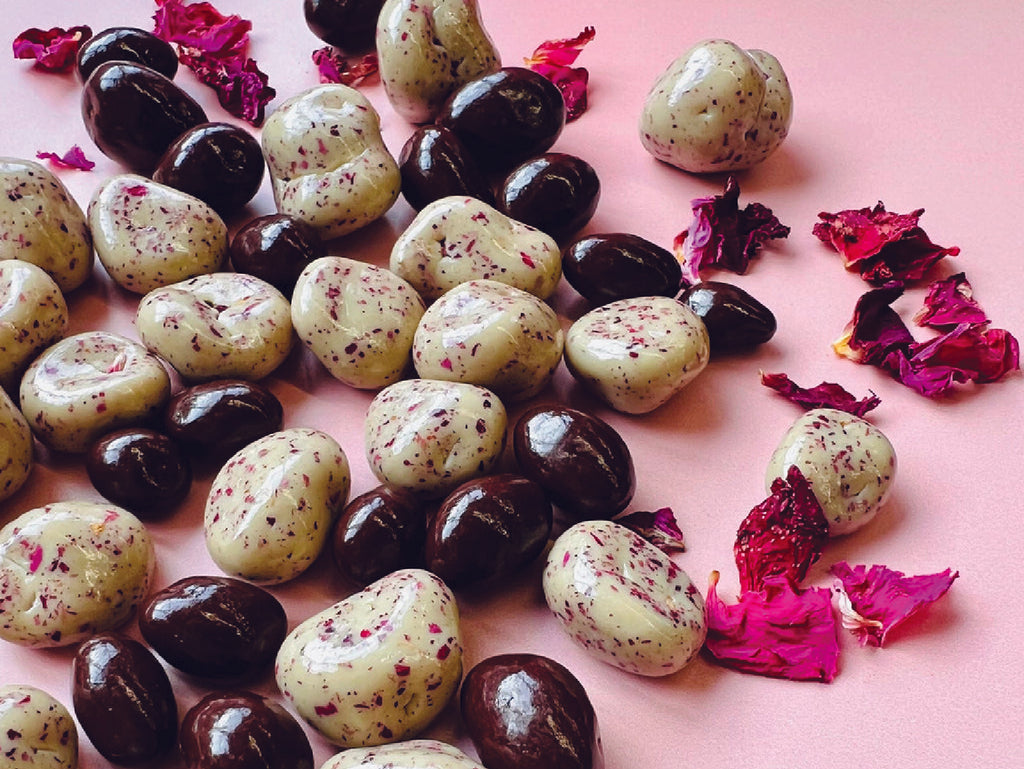 Allo Simonne Chocolate Rose Petal Covered Sour Cherries & Pistachios Dragées